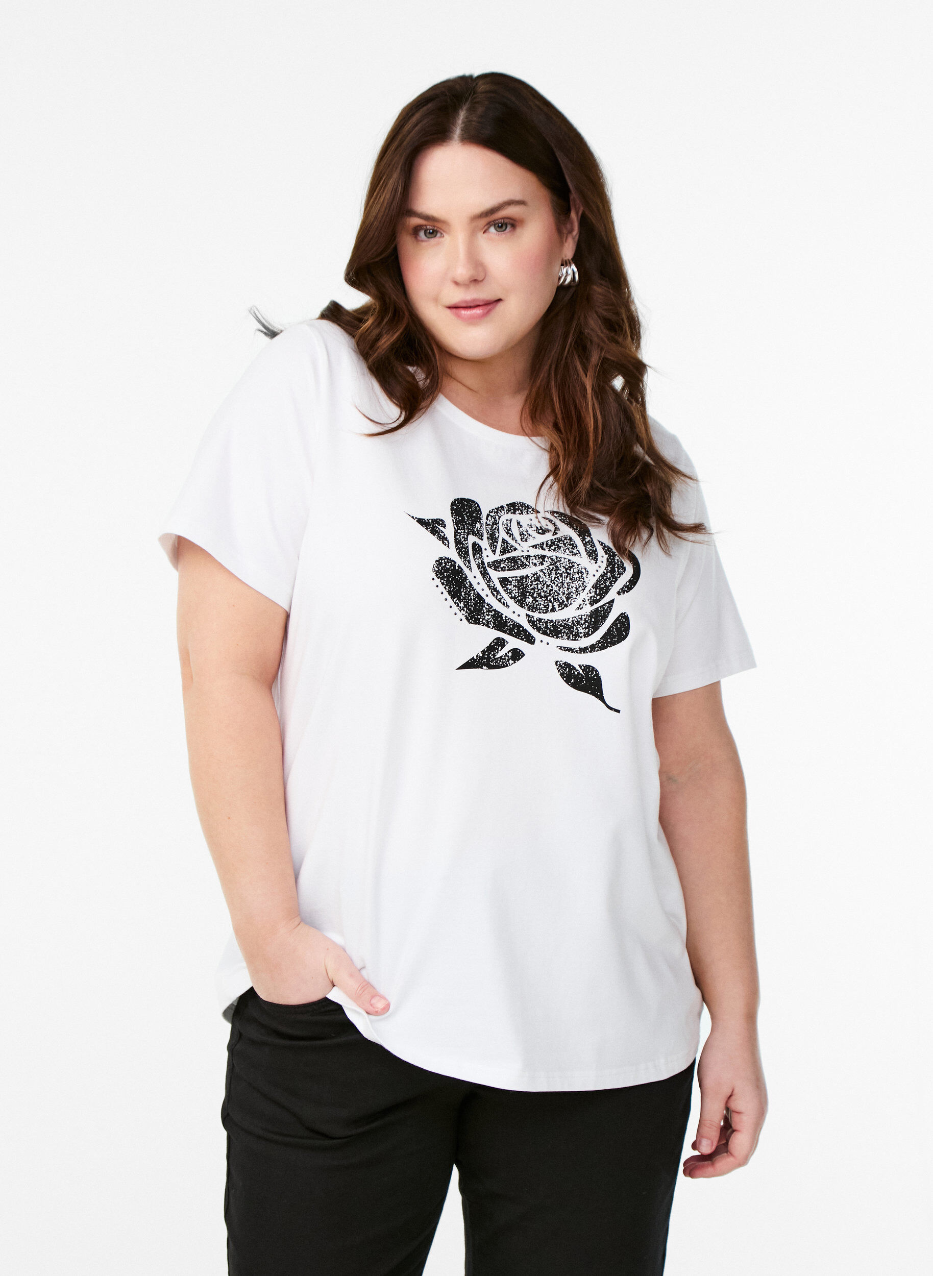 Zizzi T-shirt in biologisch katoen met bloemenprint, B. White w. Rose, Model image number 0