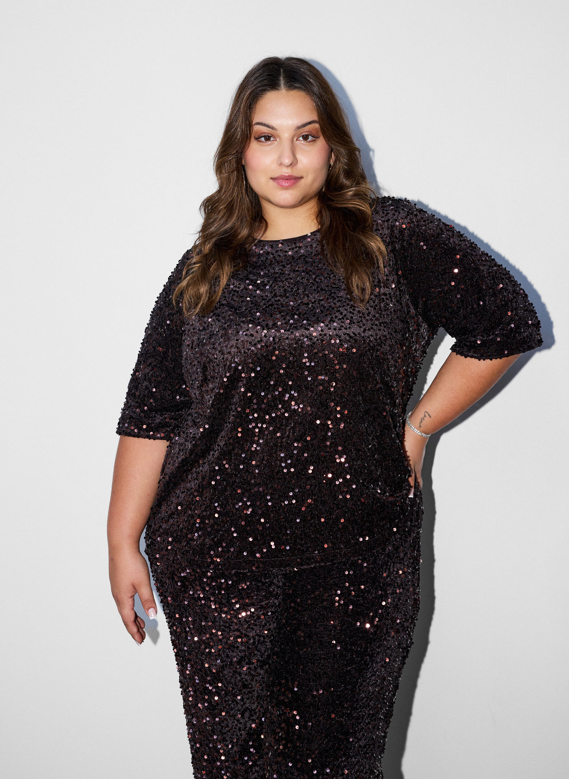 Paillettenblouse met mouwen tot de elleboog, Bruin, Model
