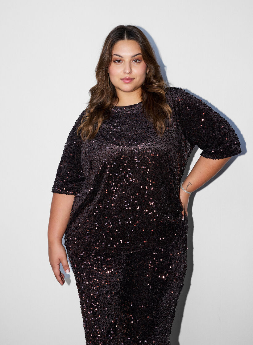 Paillettenblouse met mouwen tot de elleboog, Bruin, Model image number 0