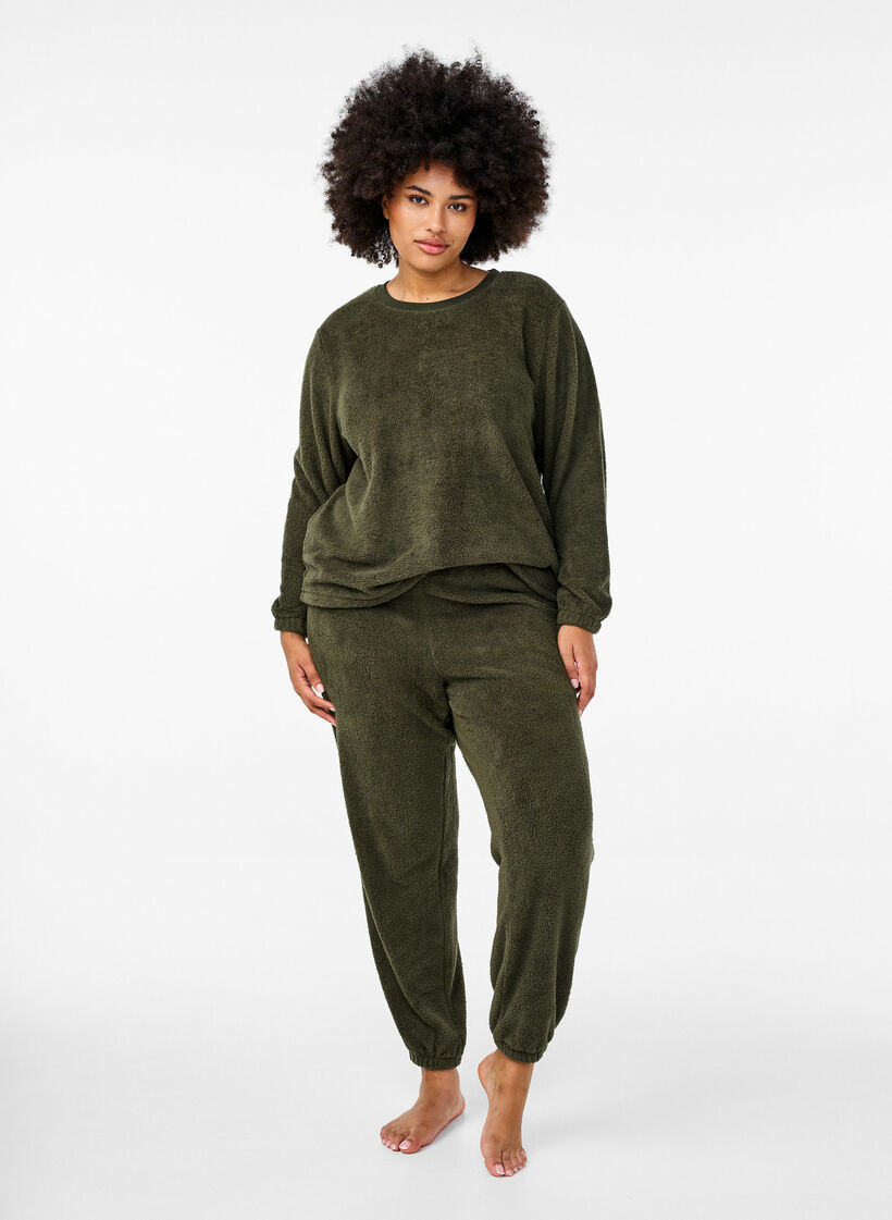 Zachte teddy broek met elastische taille, Forest Night, Model image number 0