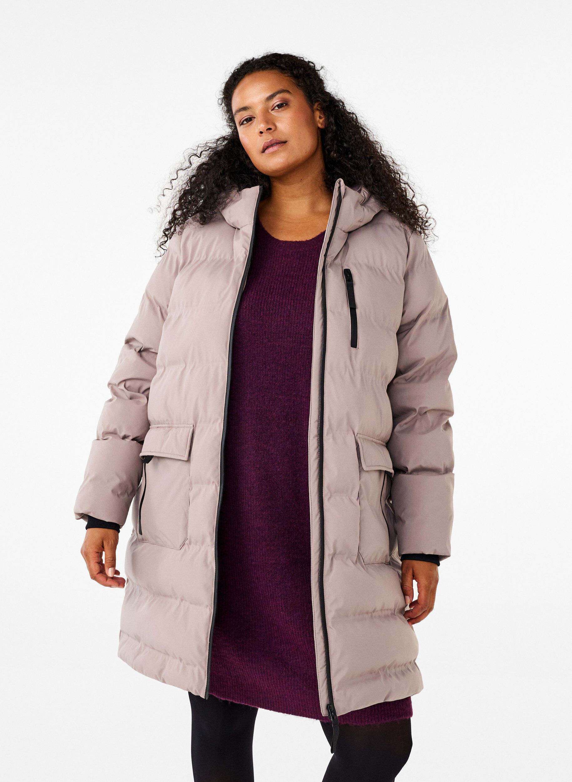 ZizziPufferjas met capuchon en zakken, Beige, Model image number 0