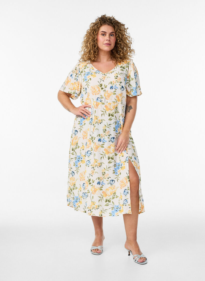 Viscose midi-jurk met bloemenprint, Blauw, Model image number 0