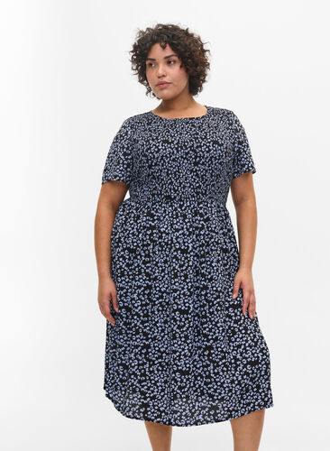 Viscose jurk met print en smokwerk, Blue Dot, Model image number 0