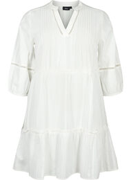 Katoenen jurk met 3/4 mouwen en ruches, Bright White