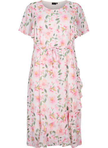 	 Midi-jurk met korte mouwen en bloemenprint, White w. Pink Flower, Packshot image number 0