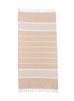 Gestreepte handdoek met franjes, Light Beige Melange, Packshot image number 1