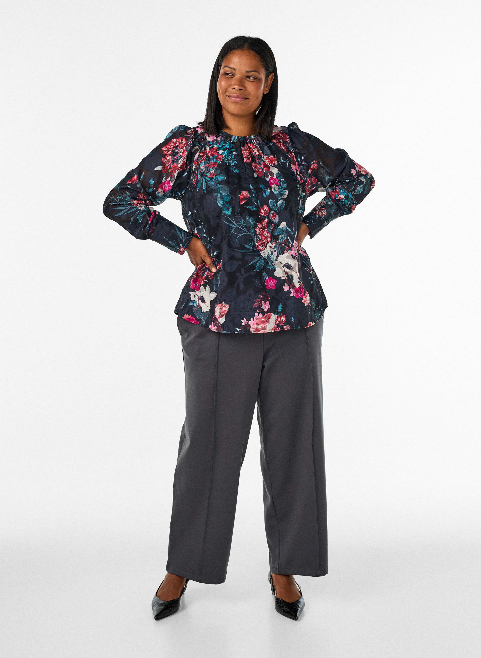 ZizziLosse jerseybroek met hoge taille, Grijs, Model image number 0