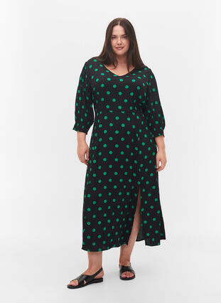 Polka stippen viscose midi jurk, Black Jol Green Dot, Model image number 0