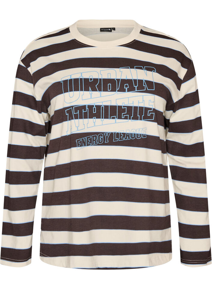 Gestreepte jerseyblouse met een sportieve tekstprint, Bruin, Packshot image number 0