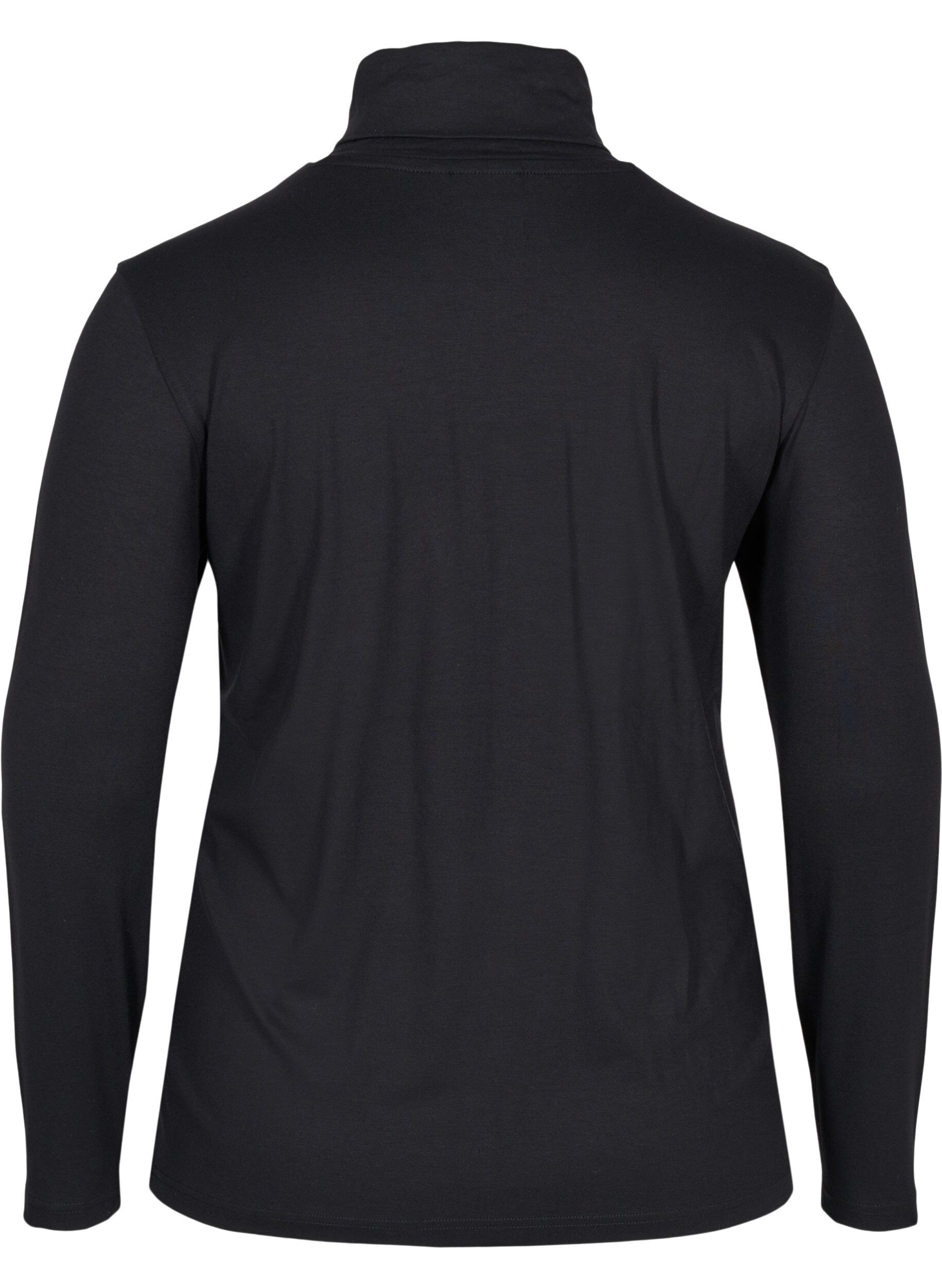 Zizzi Katoenen top met lange mouwen en col, Solid Black, Packshot image number 1