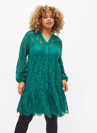 Kanten jurk met lange mouwen, Evergreen, Model image number 0