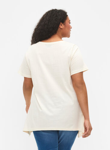 T-shirt van katoen met tekstopdruk, Buttercream HAPPY, Model image number 1