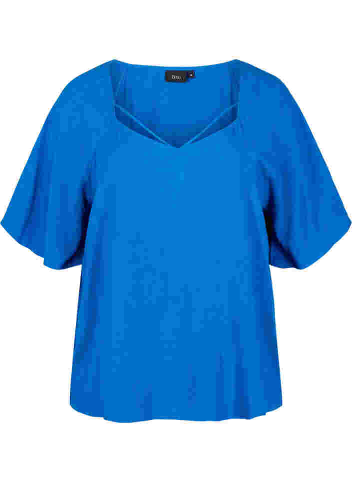 Viscose blouse met korte mouwen en touwtjes detail, Classic Blue