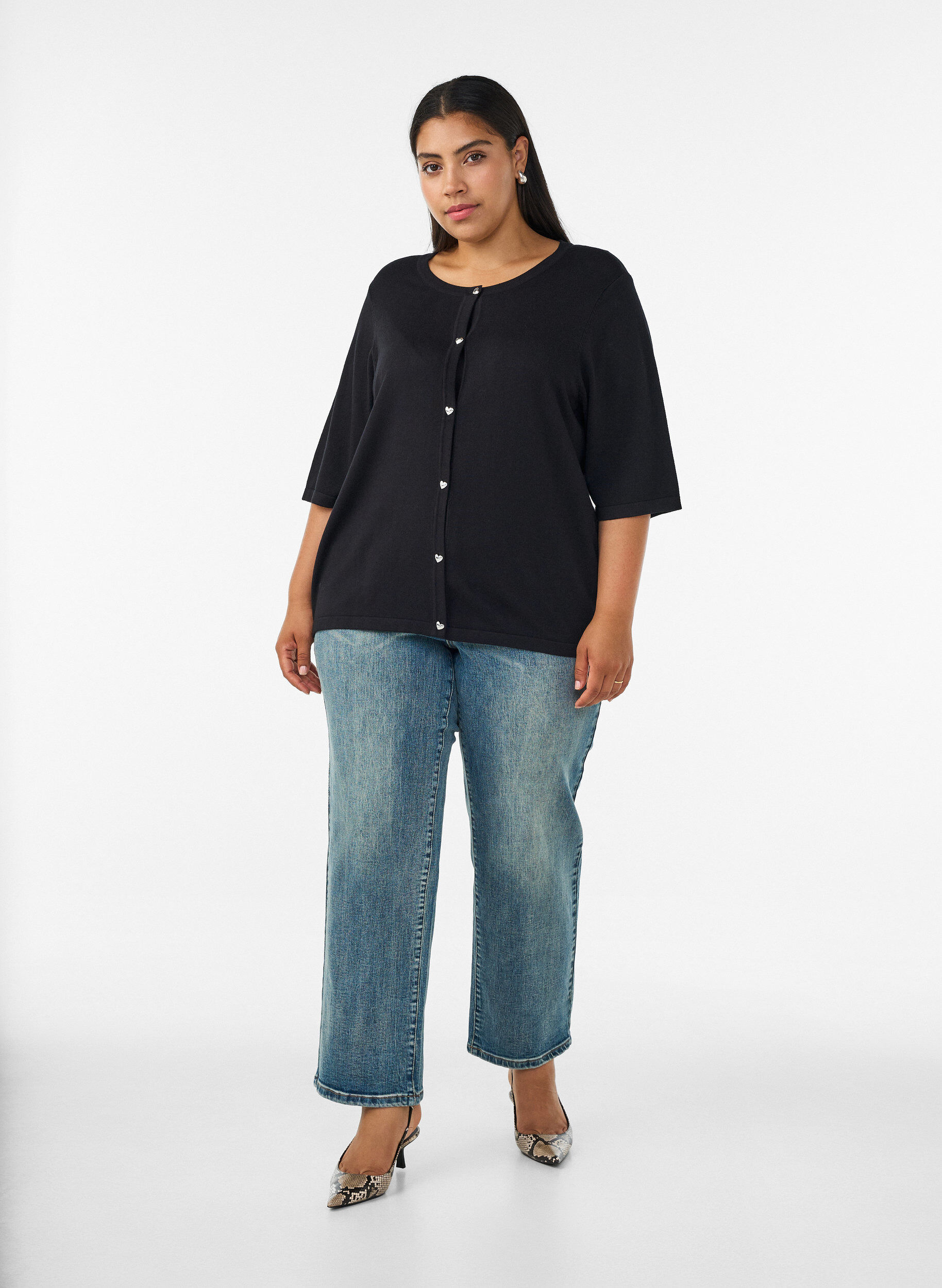 ZizziGebreid vest met hartvormige knopen en korte mouwen, Zwart, Model image number 1