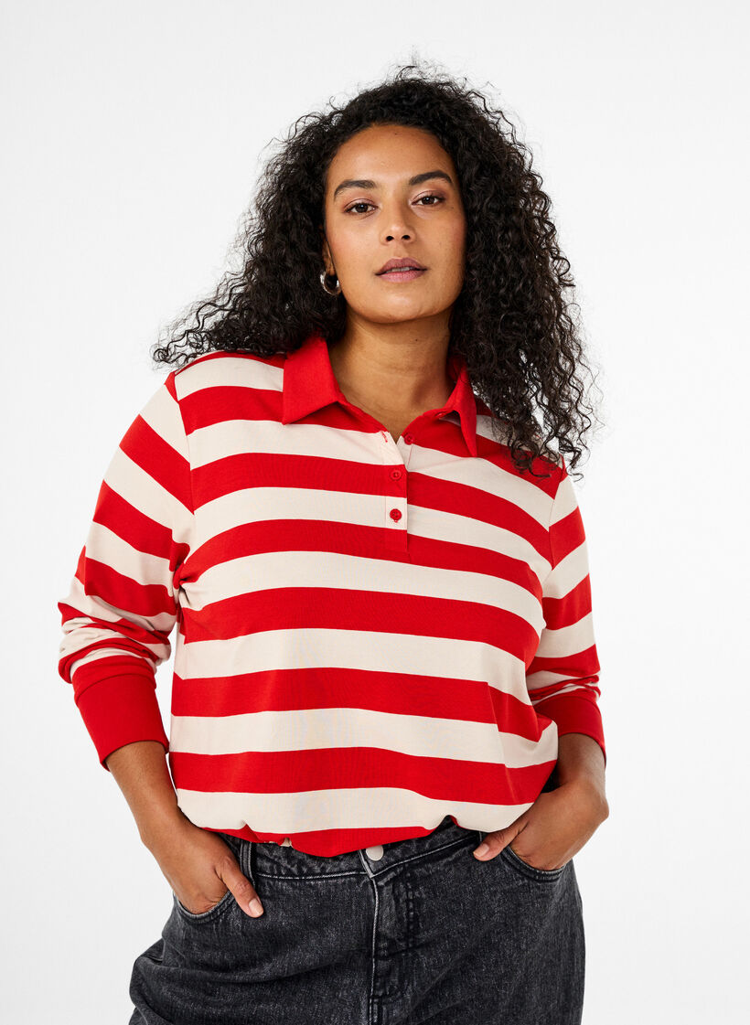 Polo shirt met lange mouwen en strepen, Rood, Model image number 0