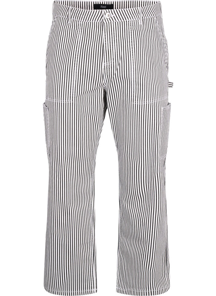 Gestreepte cargo jeans met rechte pasvorm, Black White Stripe, Packshot image number 0