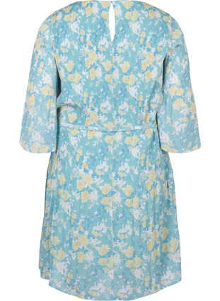 Bedrukte geplooide jurk met bindband, Cameo Blue Flower, Packshot image number 1