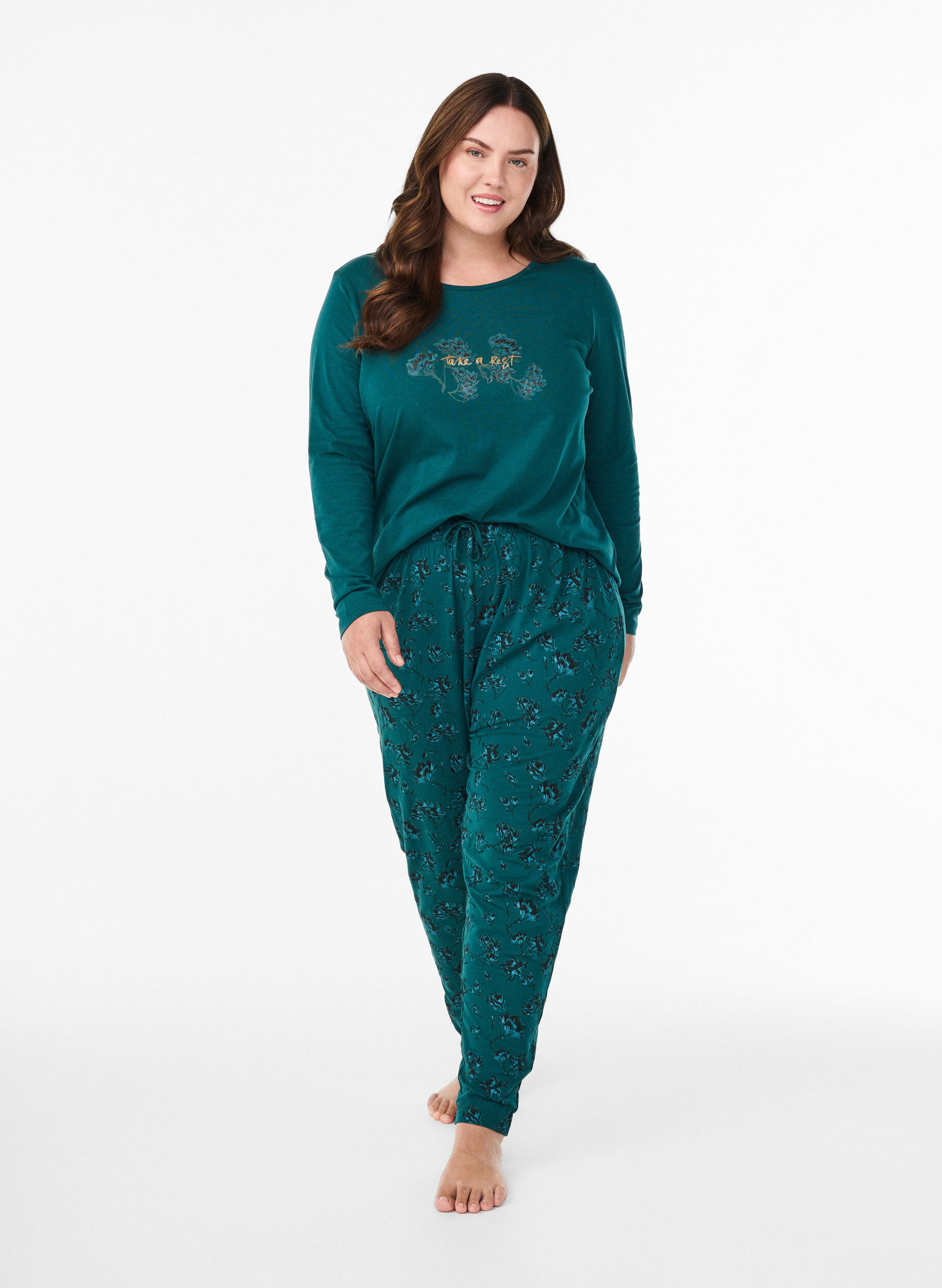 Zizzi Kleren pyjama broek met print, Turquoise, Model image number 0