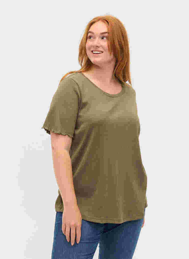 T-shirt met korte mouwen in rib, Dusty Olive, Model