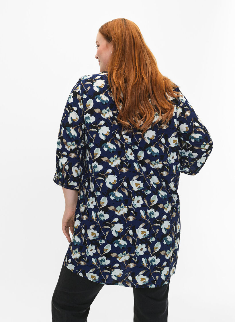 Gebloemde tuniek met 3/4 mouwen, P. Blue Flower AOP, Model image number 1