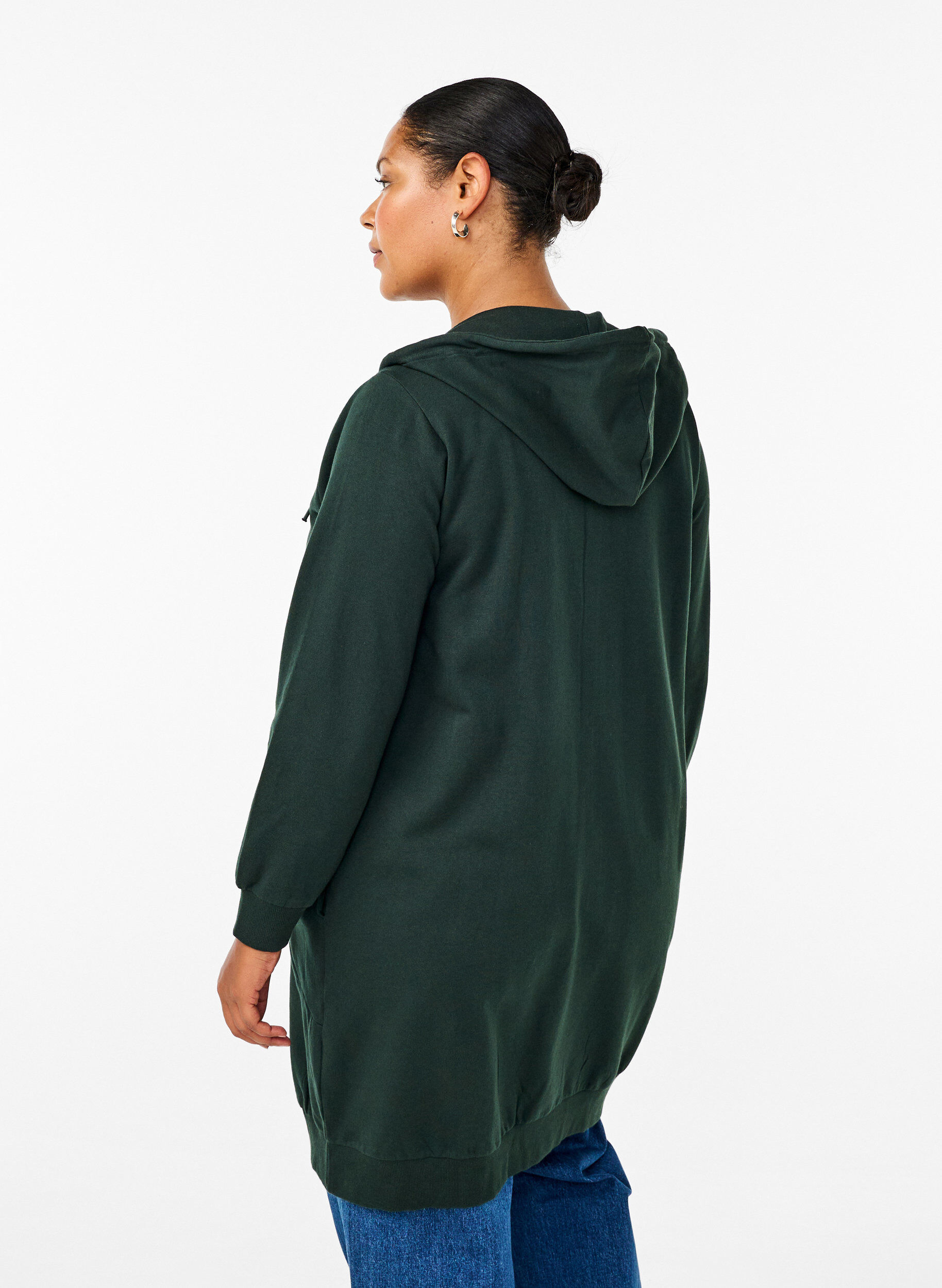 Zizzi Lang katoenen vest van sweatstof met capuchon, Groen, Model image number 2