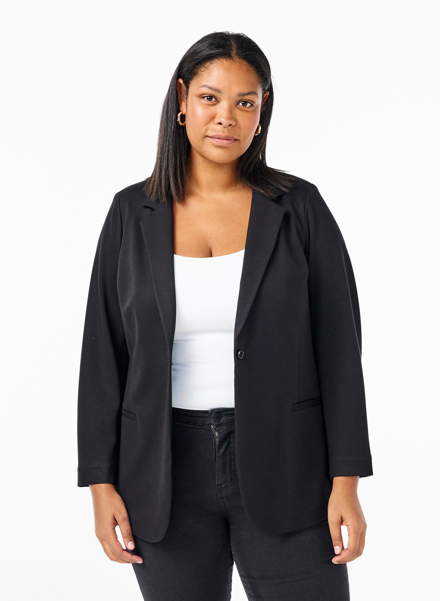 Eenvoudige blazer met knoopsluiting, Zwart, Model