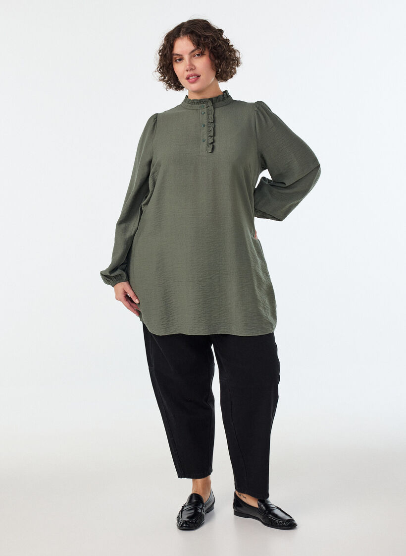 Viscose tuniek met ruches en knopen, Groen, Model image number 1