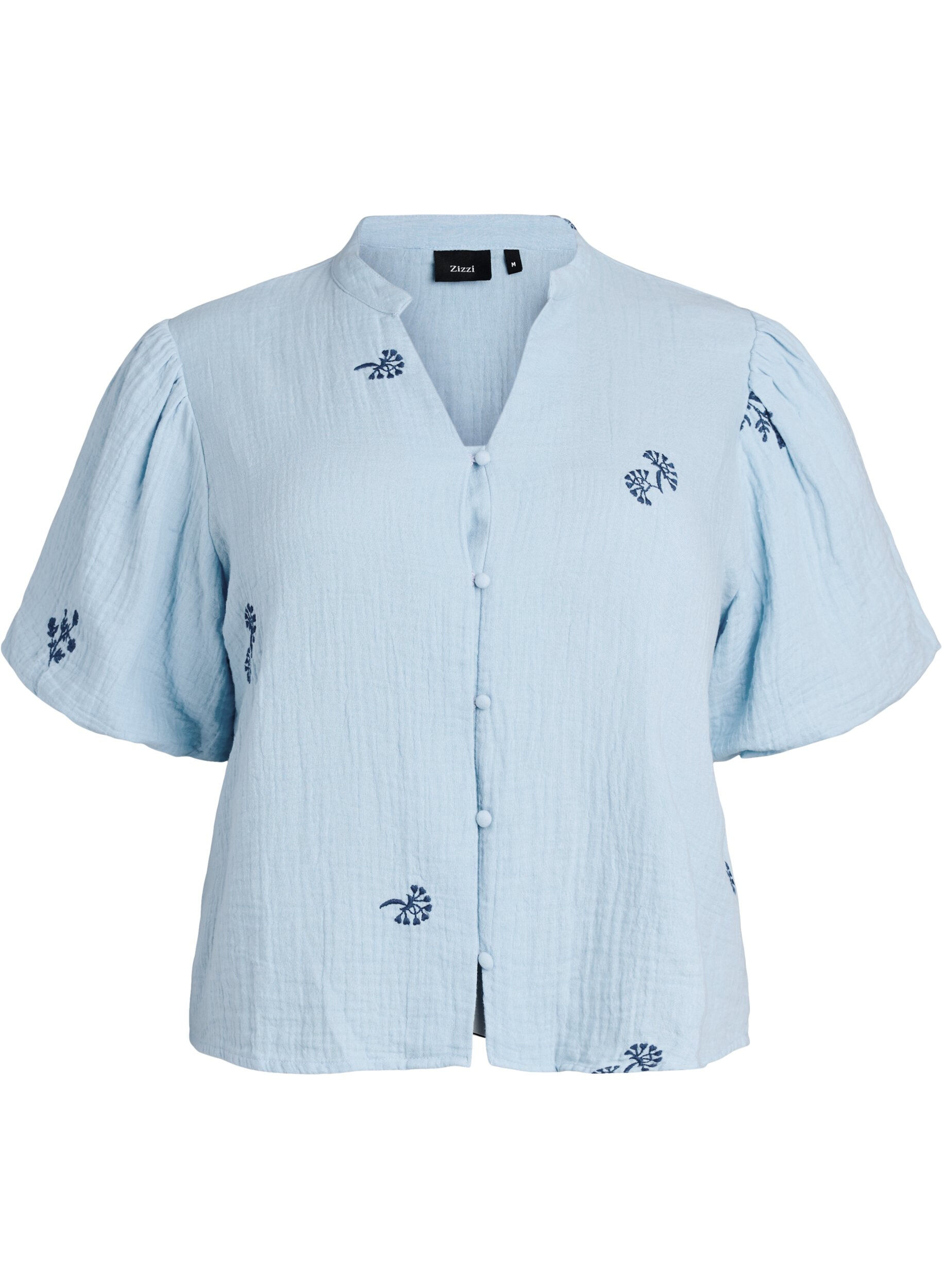 Zizzi Blouse in katoenen mousseline met ballonmouwen en geborduurde details, Blauw, Packshot image number 0