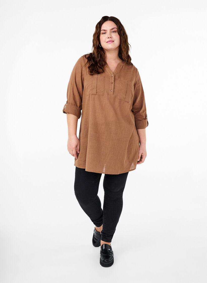 Katoenen tuniek met 3/4 mouwen, Coca Mocha, Model image number 2