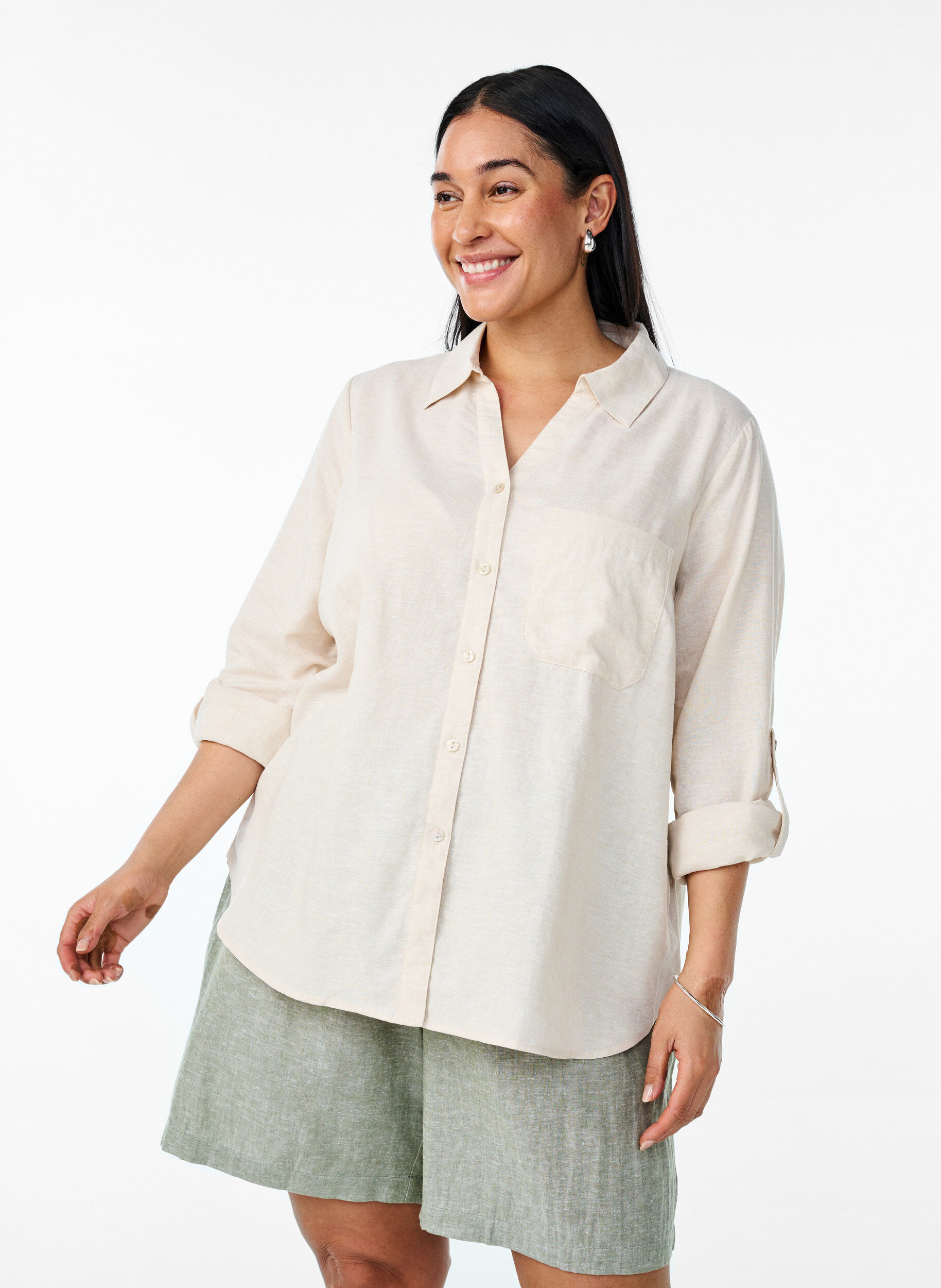 Zizzi Linnen en viscose shirt met 3/4 mouwen, Beige, Model image number 0