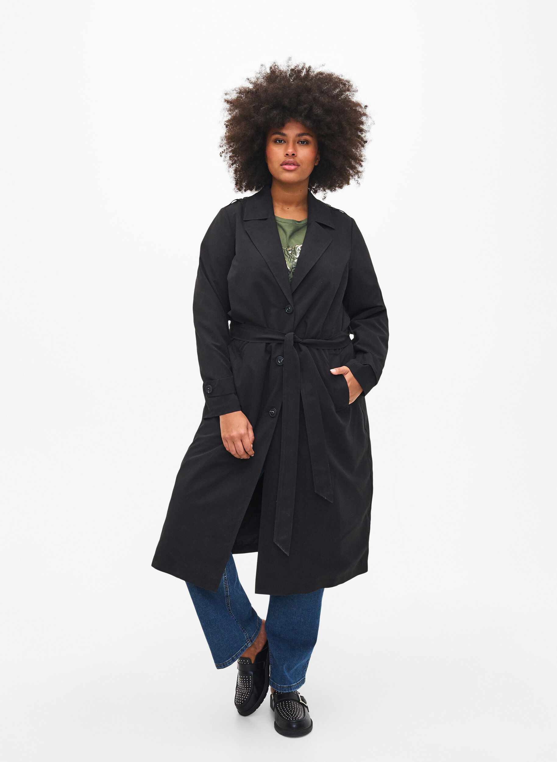 Zizzi Lange trenchcoat met riem, Black, Model image number 0
