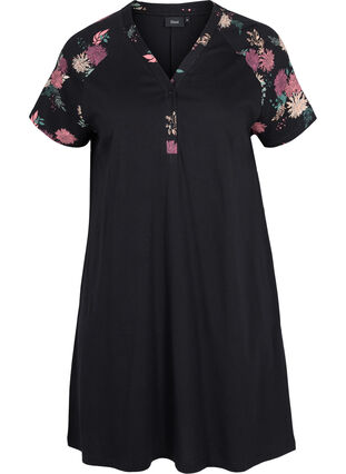 Katoenen pyjama jurk met korte mouwen en print, Black AOP Flower, Packshot image number 0
