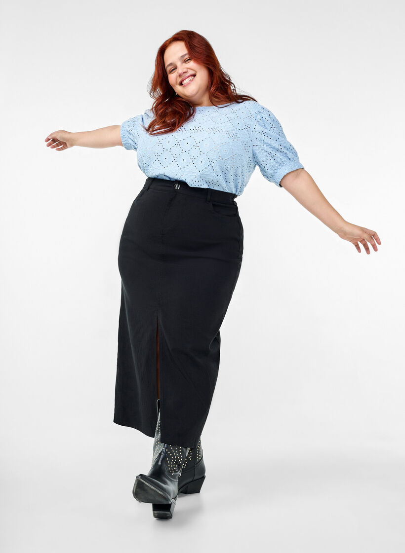 Blouse met korte mouwen en patroon met kant, Cashmere Blue, Image image number 0