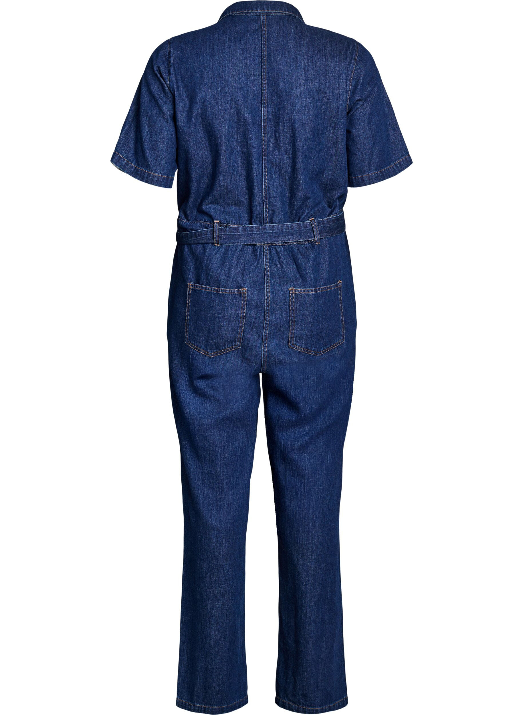 Zizzi Denim jumpsuit met korte mouwen en een strikceintuur, Blauw, Packshot image number 1
