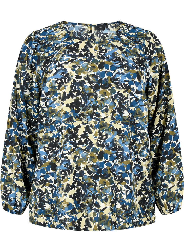 Blouse met pofmouwen, Blue Green AOP, Packshot image number 0