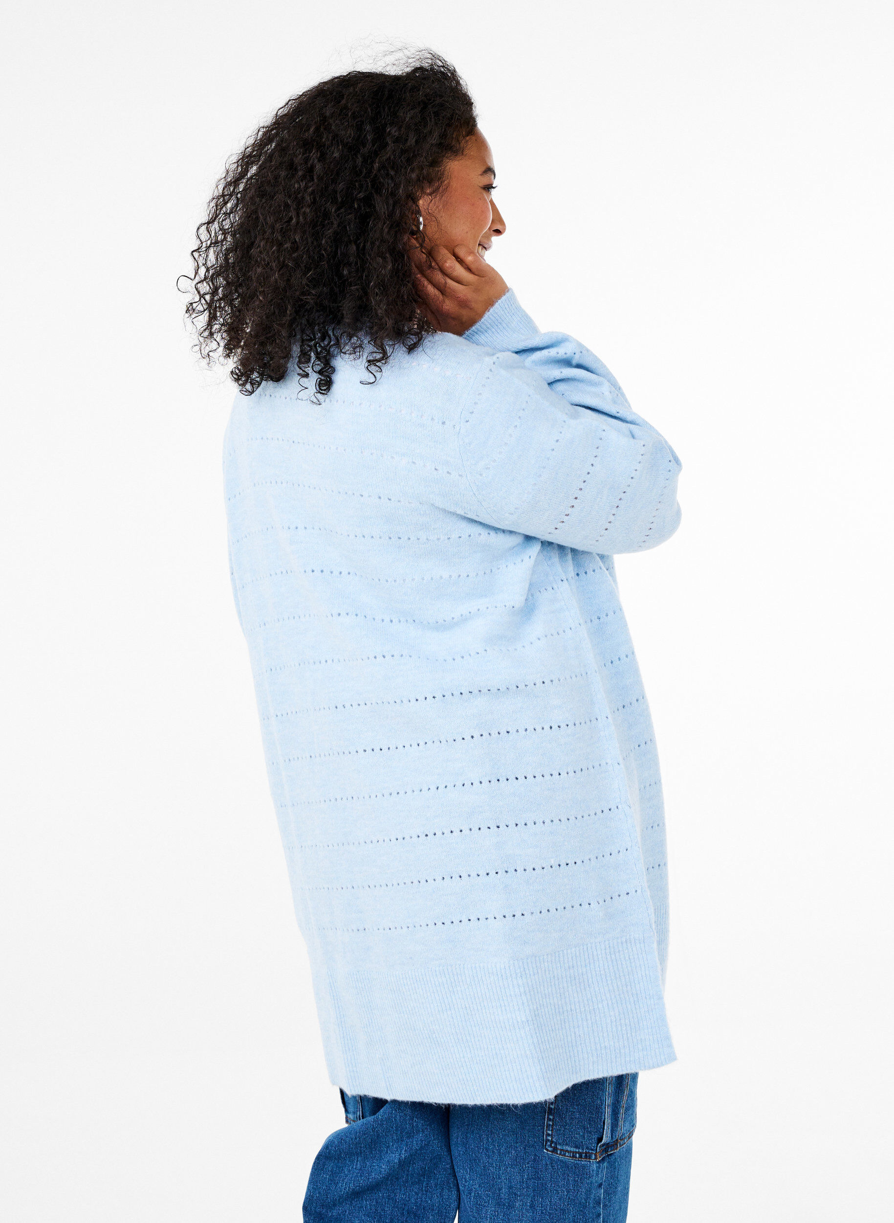 Zizzi Lange gebreide cardigan met een kantpatroon, Cashmere Blue Mel., Model image number 1