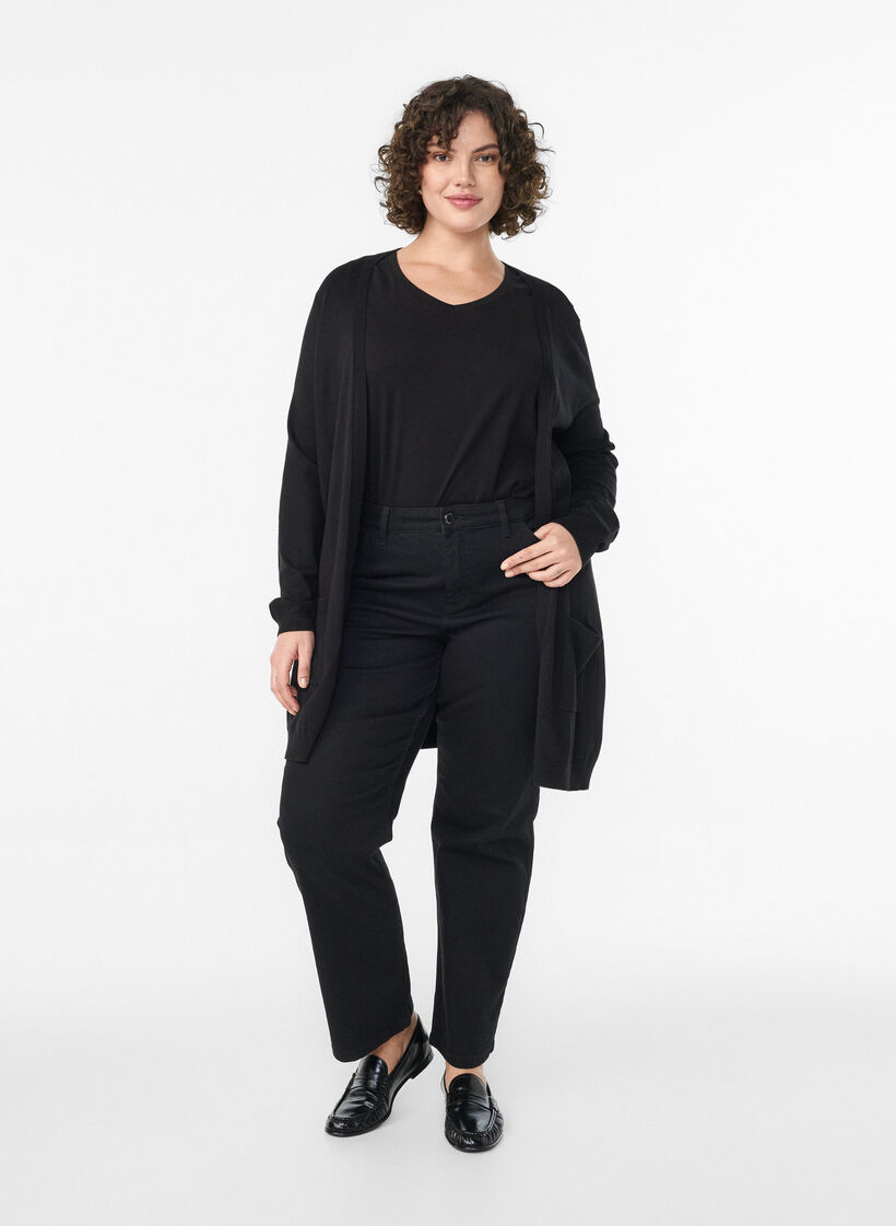 Lang gebreid vest in viscosemix, Zwart, Model image number 1