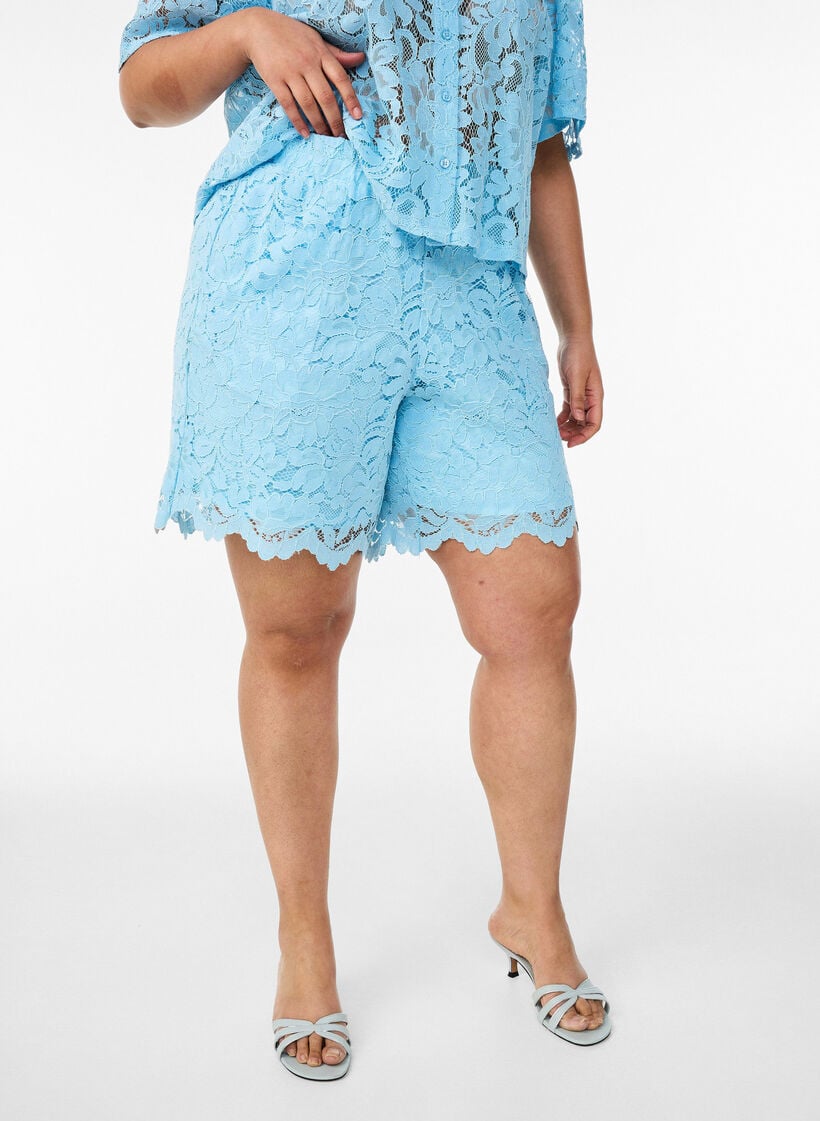 Kanten shorts met hoge taille en zakken, Blauw, Model image number 3