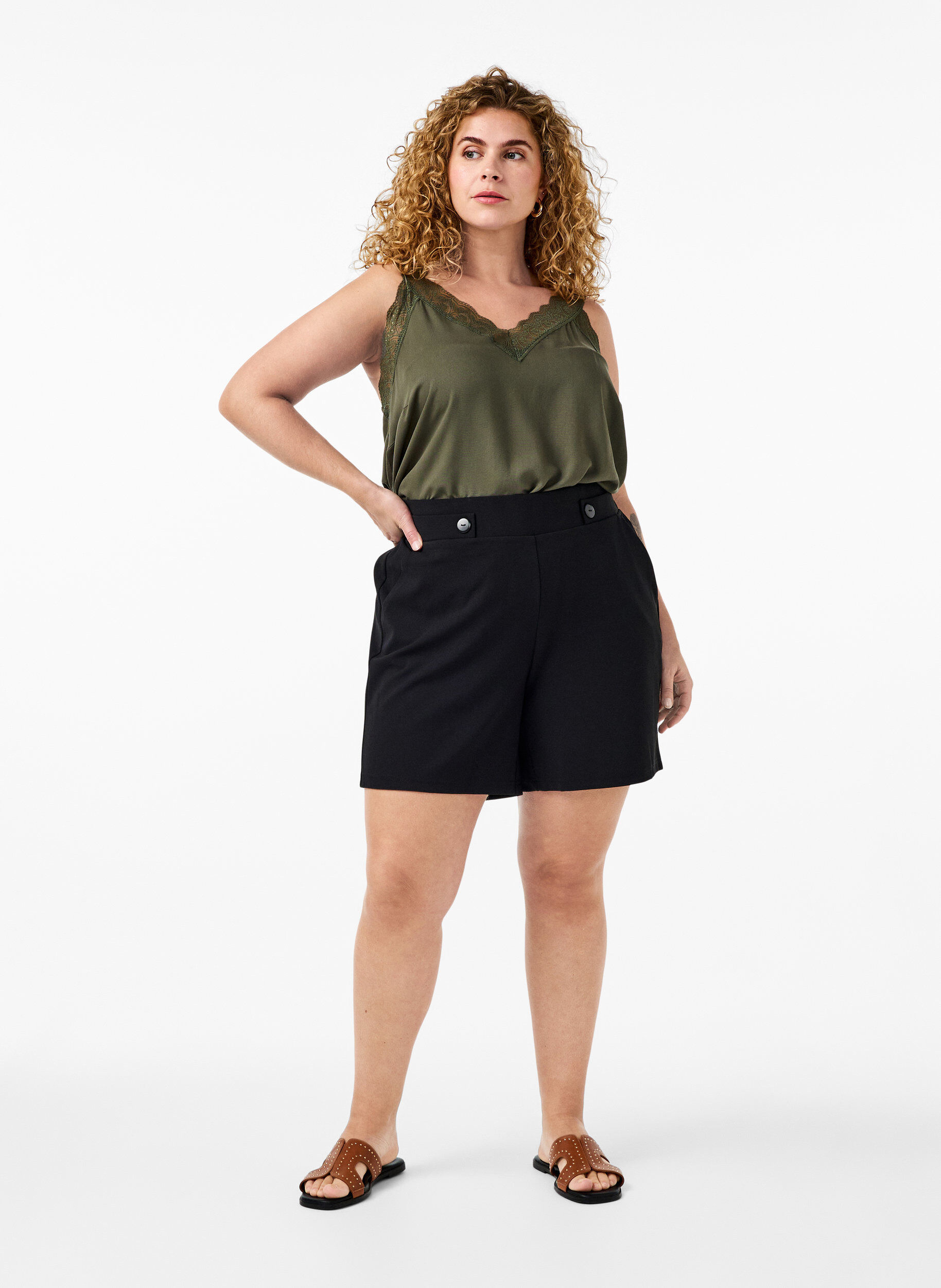 Zizzi Kanten topje van viscose, Thyme, Model image number 2