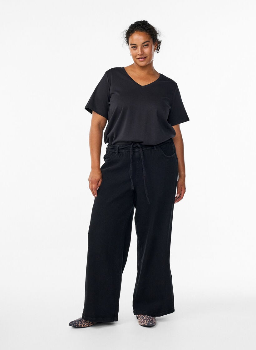 Losse pasvorm jeans met een elastische tailleband en een trekkoord, Zwart, Model