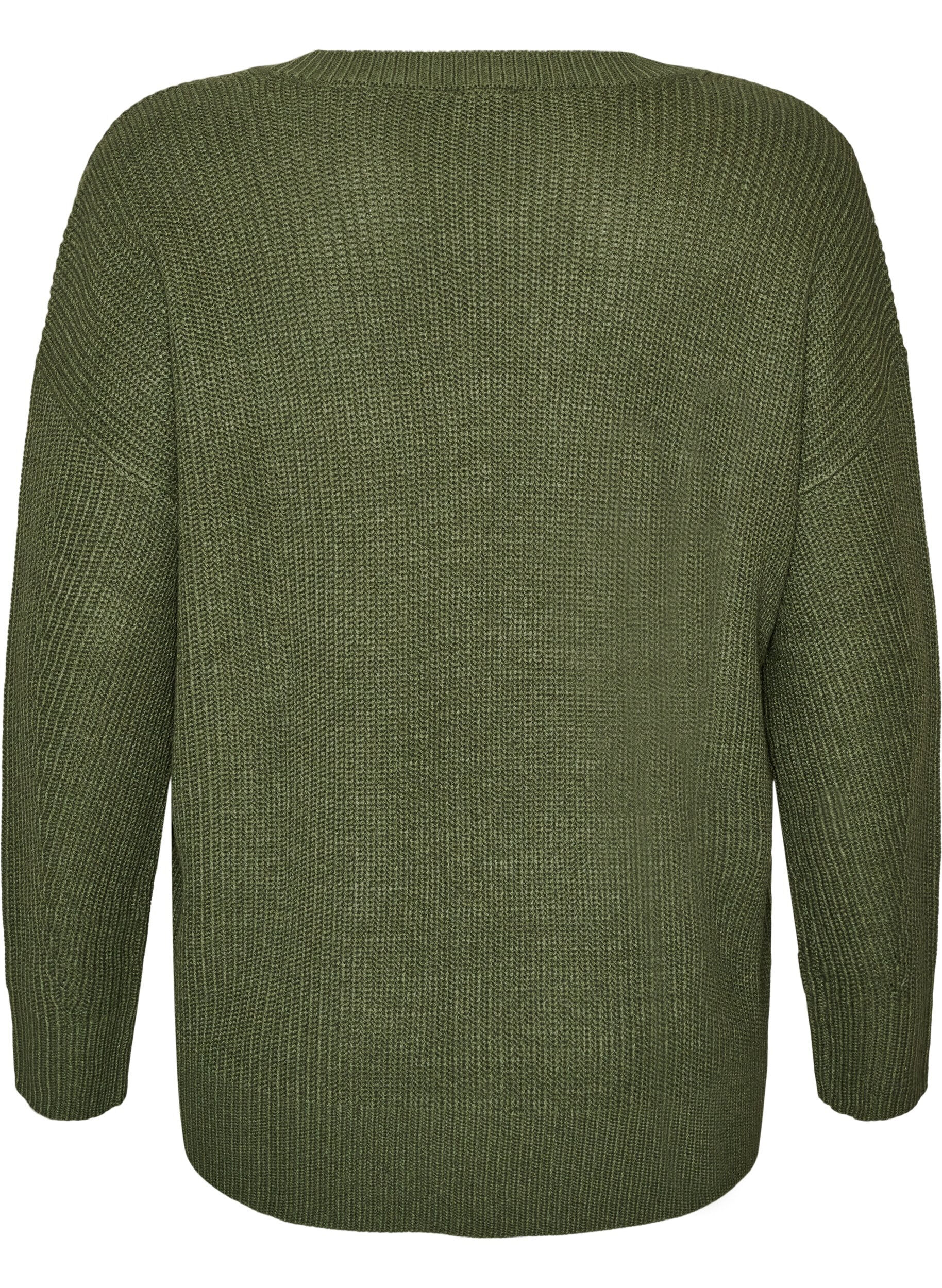 ZizziLange ribgebreide blouse met V-hals, Groen, Packshot image number 1