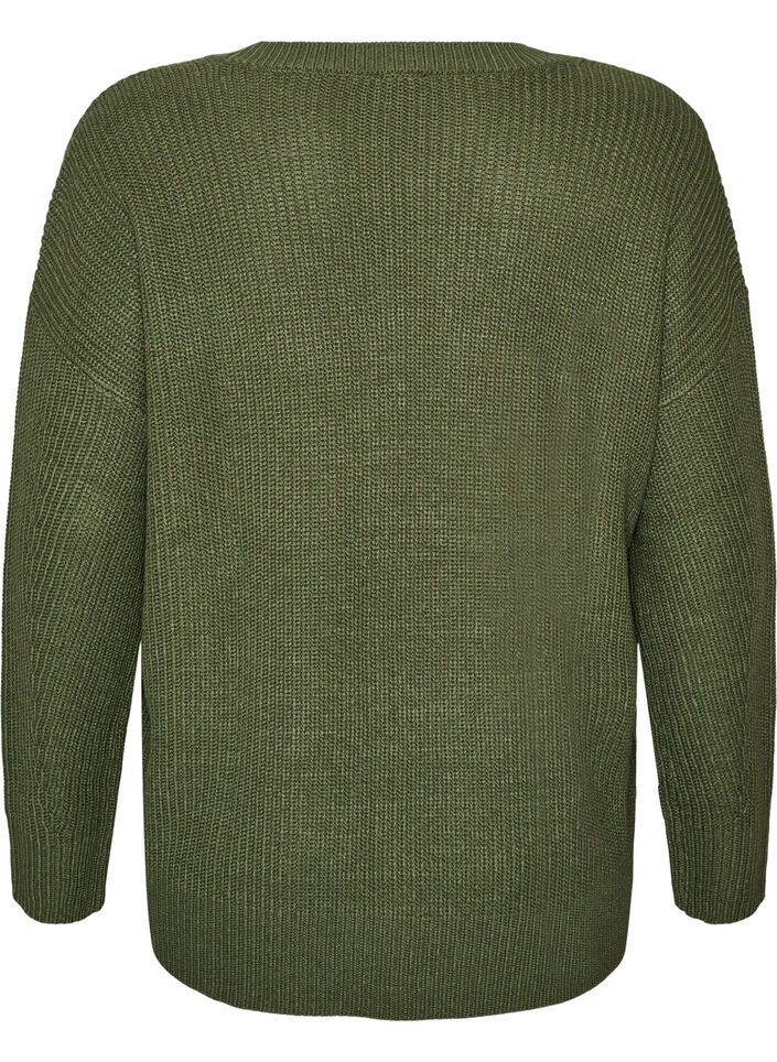 Lange ribgebreide blouse met V-hals, Groen, Packshot image number 1