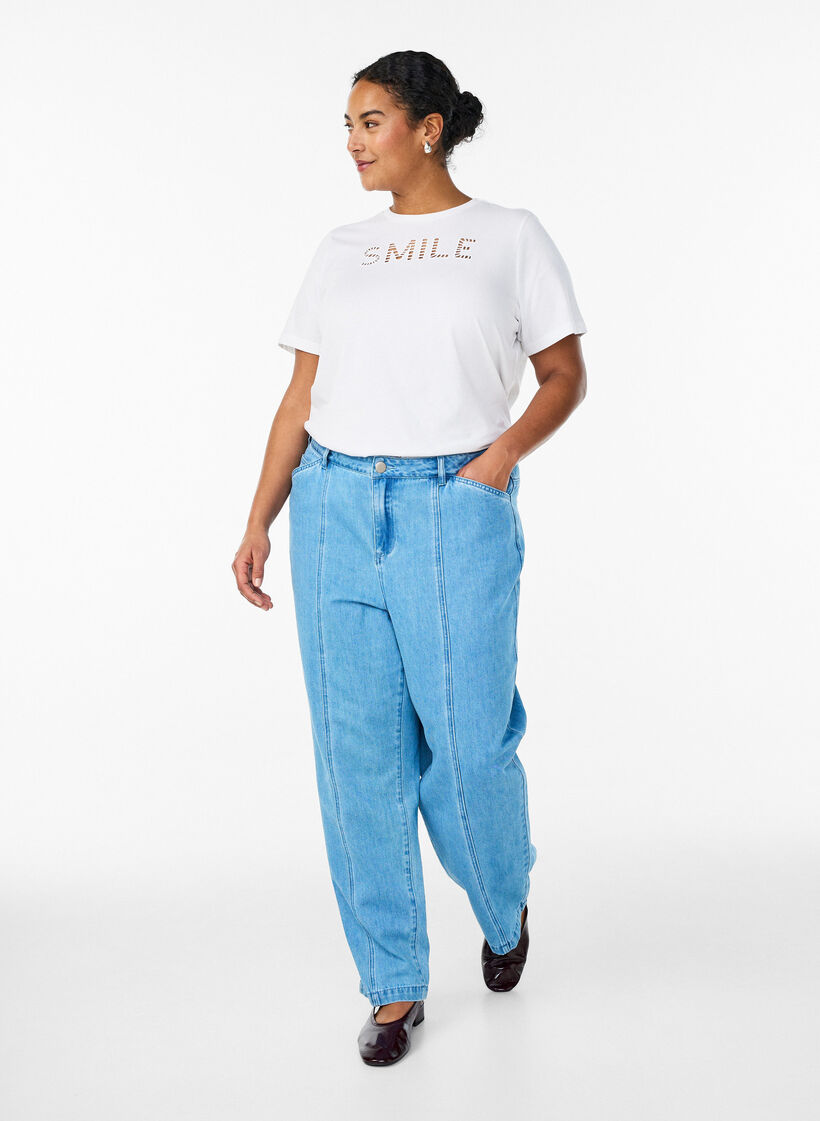 Katoenen T-shirt met geborduurde tekst, Wit, Model image number 1