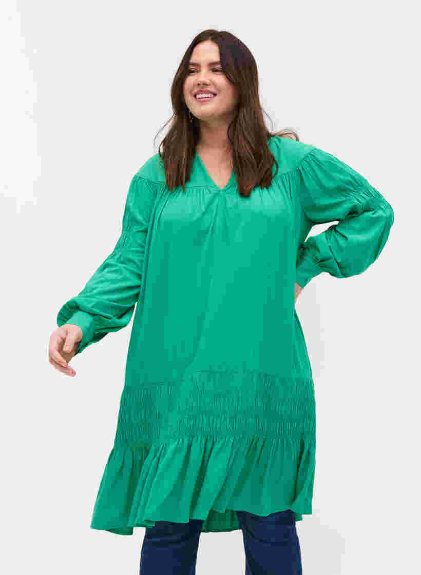 Viscose jurk met lange mouwen en smokdetails, Mint, Model image number 0