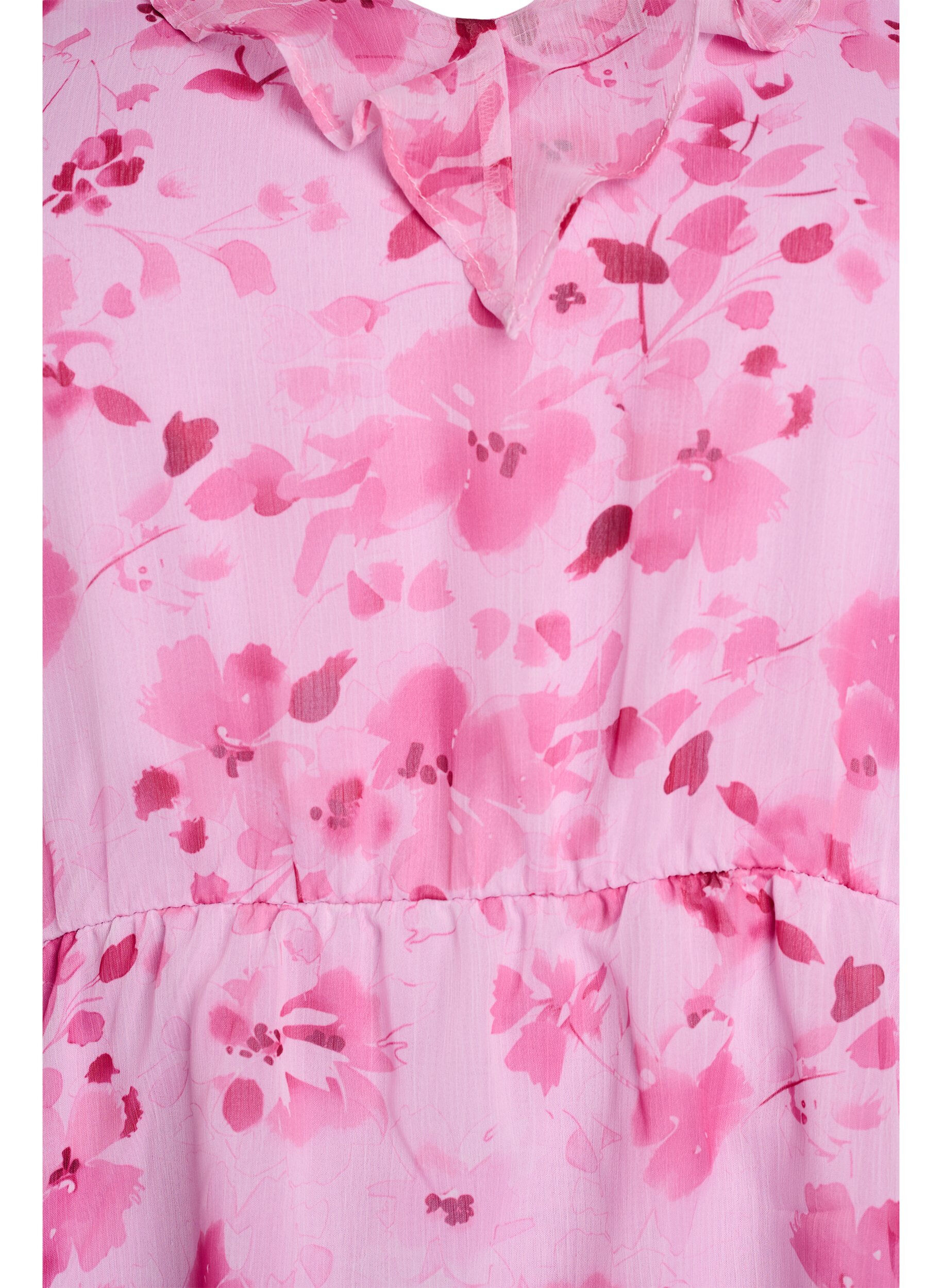 Zizzi Bloemenblouse met rucheskraag en peplum effect, Roze, Packshot image number 2