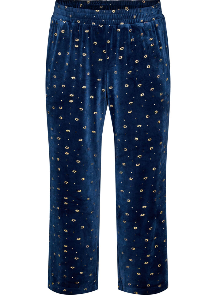 Velours pyjamabroek met all-over print, Blauw, Packshot image number 0