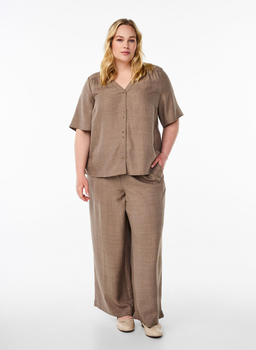 Overhemd blouse met V-hals en korte mouwen, Bruin, Model image number 1