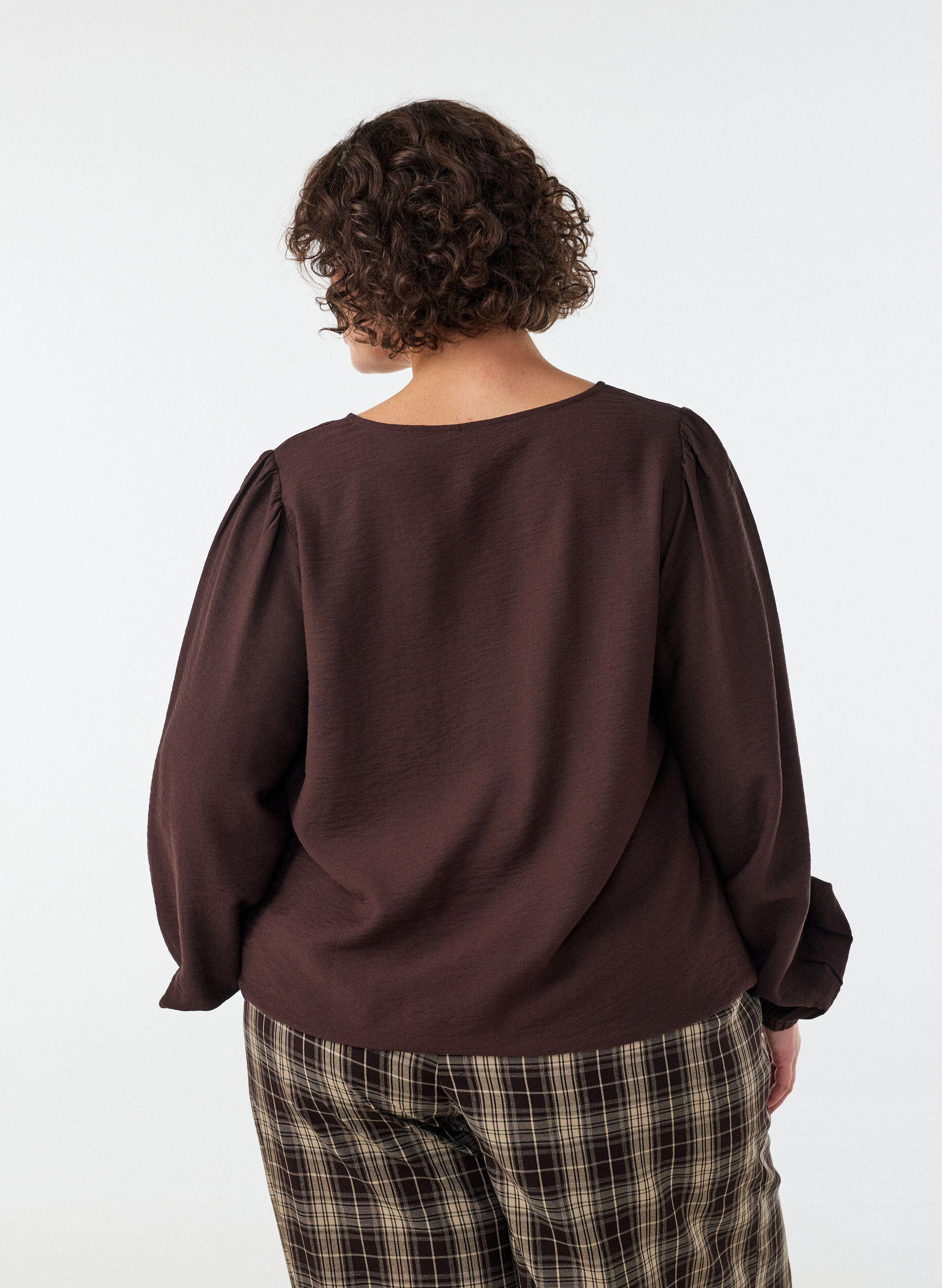 ZizziViscose blouse met V-hals en ballonvormig silhouet, Bruin, Model image number 2