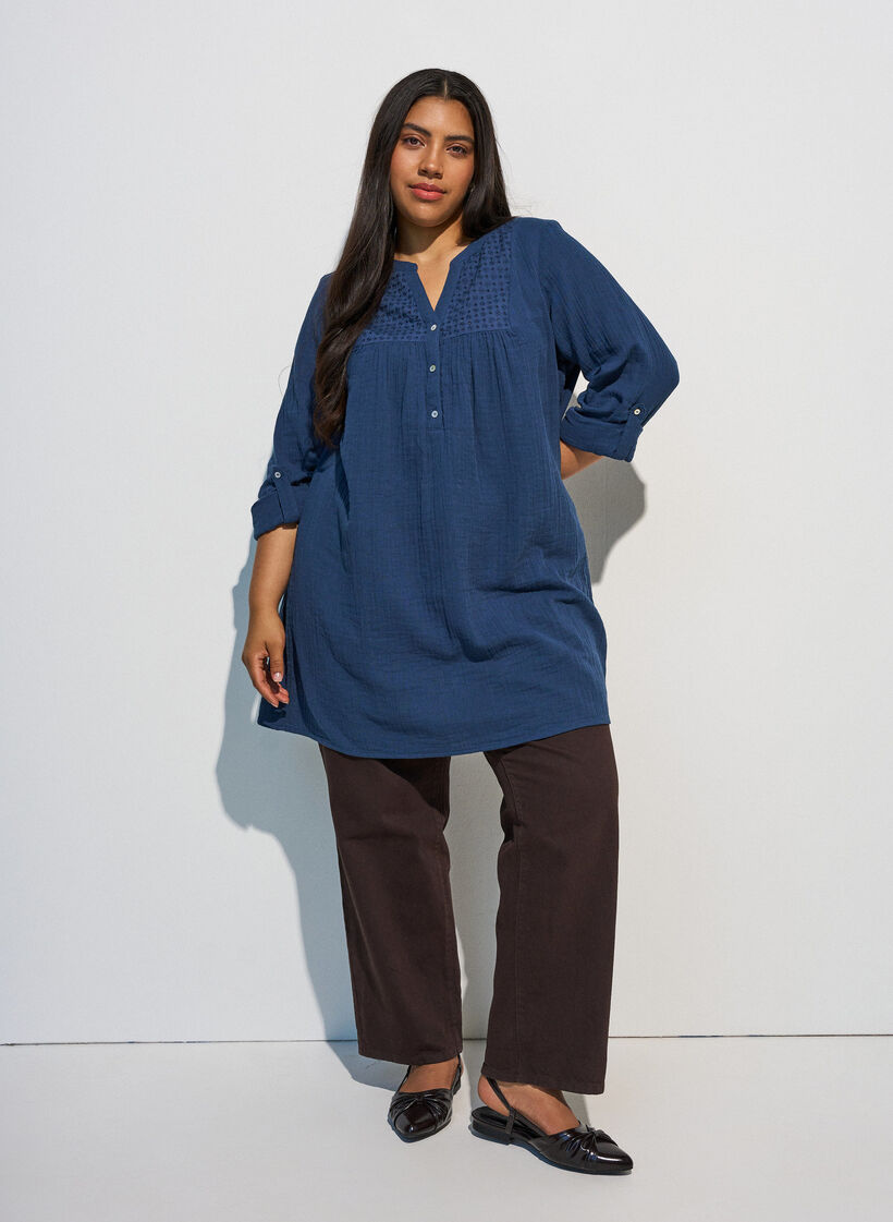 Katoenen mousseline tuniek met broderie anglaise, Blauw, Model image number 1