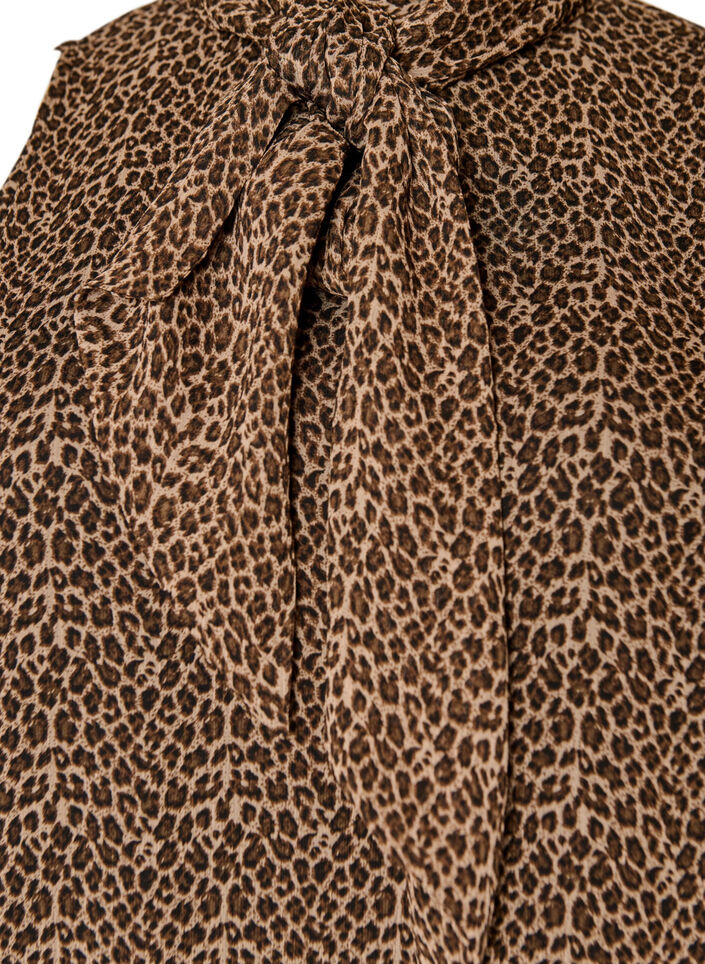 Midi jurk in chiffon met luipaardprint en een strik in de taille, Bruin, Packshot image number 2